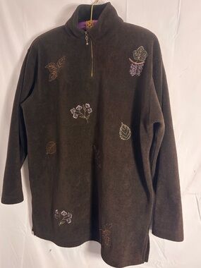VTG Brown Embroidered 1/4 Zip Artsy Boho Cozy Fleece Spring Sweater Size M